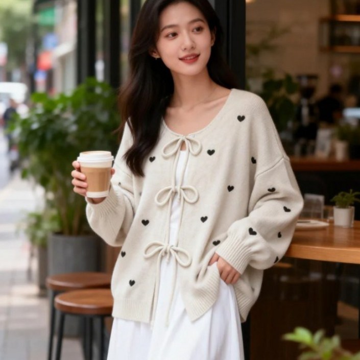 프리미엄 여성용 하트 니트 가디건 오피스룩 세미 오버핏 하트 가디건