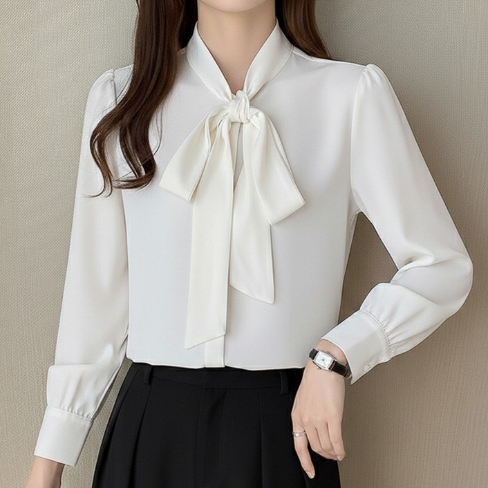 페이릿 여성용 빅사이즈 데일리 빅 리본 타이넥 블라우스