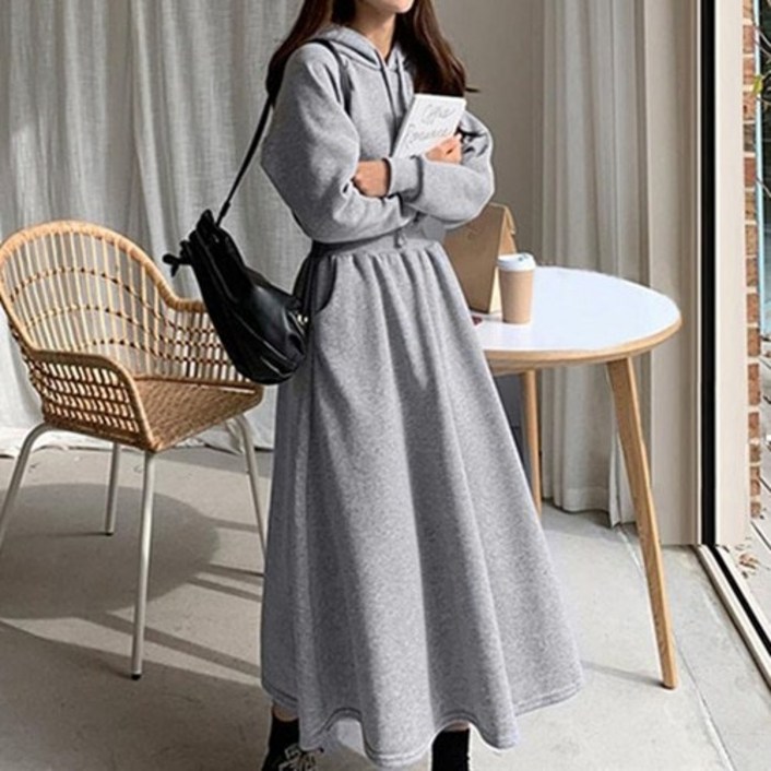 아이엠몽 여성용 리그리 후드 플레어 롱 원피스