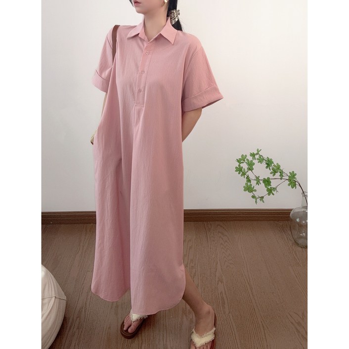 올데이마켓 40대 여성 롱 루즈핏 차분한 드레시 카라 원피스