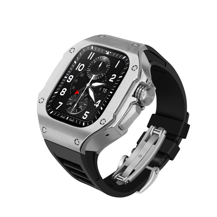 강질 커버 메탈 케이스 불소 고무 테이프 스트랩 적용 대상 애플워치 울트라2 49mm, 실버 블랙