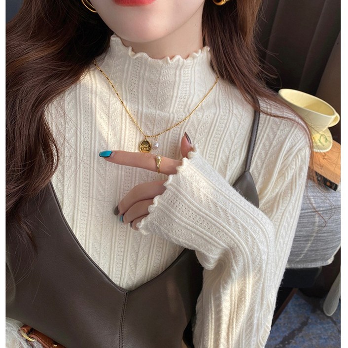 맵시난다 여성 터들넥 물결 프릴 반넥 반폴라 골지 반목 폴라 니트티 U337