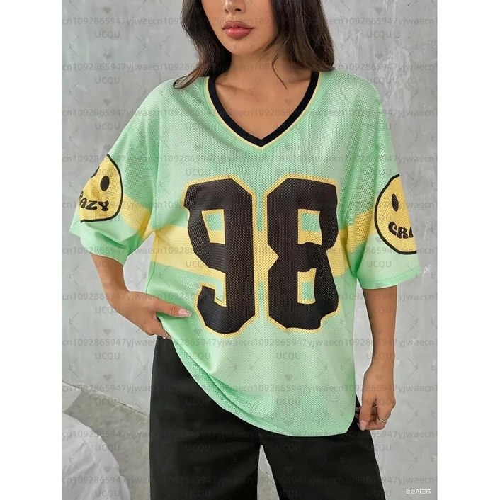 넥 스포티 저지 티셔츠 스마일 페이스 여름 캐주얼웨어 스포츠 숄더