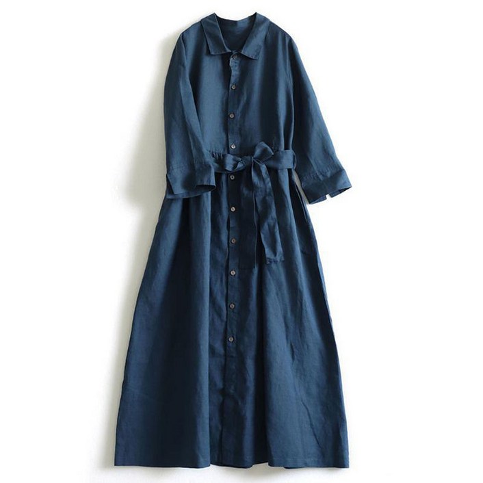 POMTOR린넨 코튼 스트랩 허리끈 7부소매 셔츠형 원피스