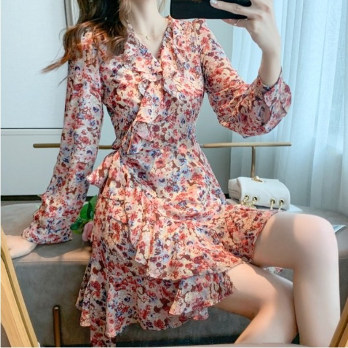 여성 플라워 랩 원피스 봄 가을 겨울 프릴 긴팔 미니원피스 A라인 데일리 데이트룩 하객룩 여성 플라워 랩 원피스 봄 가을 겨울 프릴 긴팔 미니원피스 A라인 데일리 데이트룩 하객룩