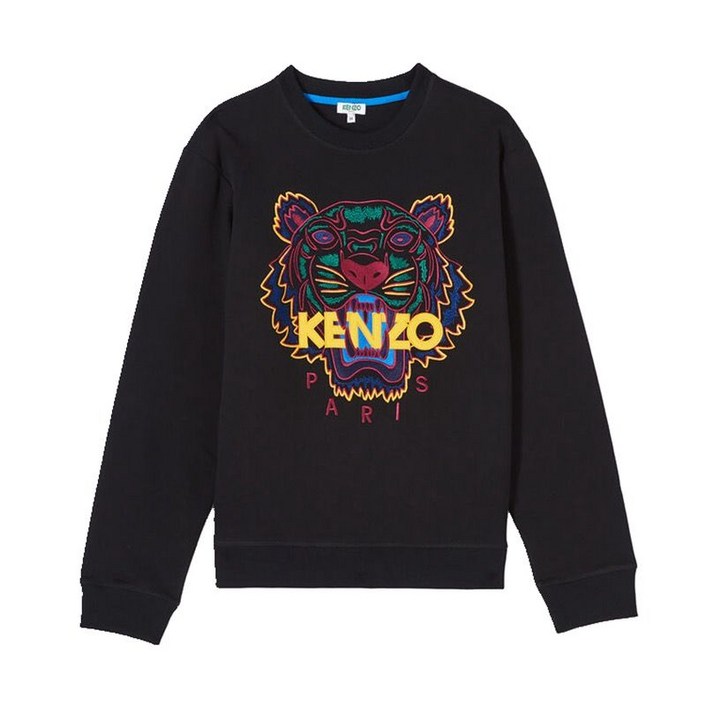 KNZO SS19 남녀 공용 충돌색 호두 알파벳 자수 프린트 라운드 긴팔 티셔츠 맨투맨 블랙 F96-5SW001-4XA