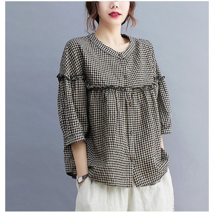 히트그램 여성 셔링 블라우스 체크 셔츠 남방