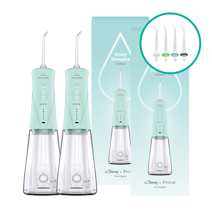 프로벨 구강세정기 휴대용 소형 1800회수압 +팁4개+프로벨본사보증서, 워터테라픽 코드리스 2개, 민트