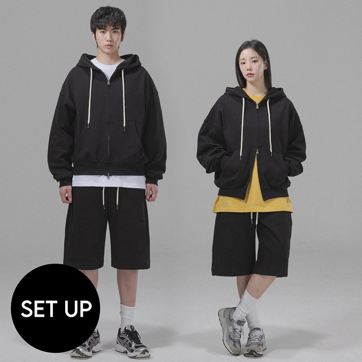 셋업 팬쇼 오버핏 무지 투웨이 후드집업 남녀공용 프리미엄 특양면 스냅 버뮤다 트레이닝 팬츠 세트