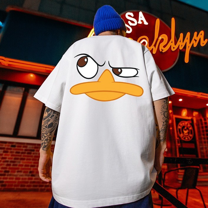 FONOW 여름 남자 고글 펭귄 백프린팅 오버핏 아이스 분또 반팔 티셔츠 100% 순면