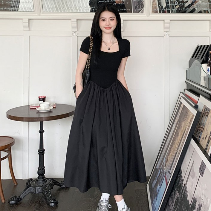 Ethel  여름 플리츠 플레어 반팔 원피스