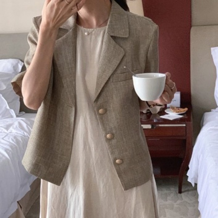 UPPERCUT 자체제작 여성 베이직 린넨라이크 반팔자켓 빅사이즈