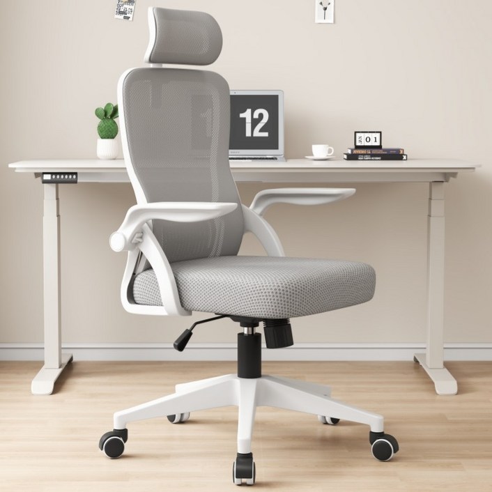 티야드 자세교정 공부 사무용 의자 허리받침 컴퓨터 메쉬 사무실의자, 화이트+그레이
