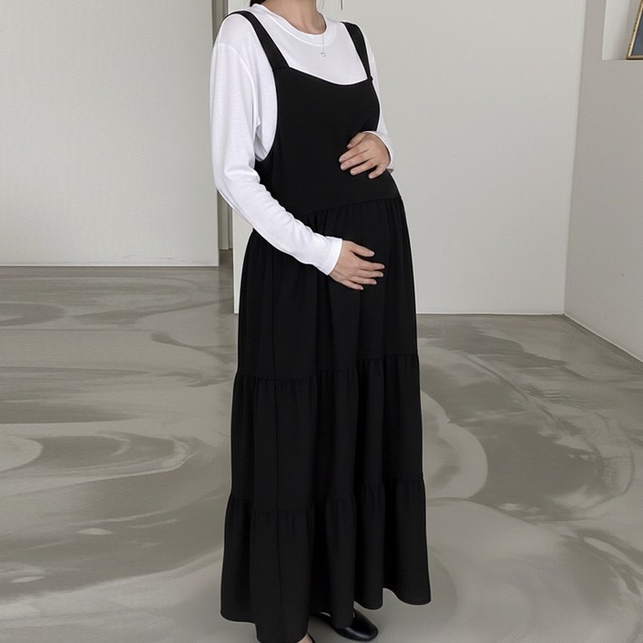 당일출고 수엠W 임산부 캉캉 멜빵 롱 원피스 만삭촬영 임부복 외출복 뷔스티에 루즈핏 T01 엘라멜빵원피스