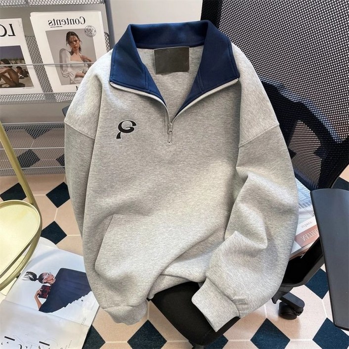 여성용 캐주얼 반집업 맨투맨 루즈핏 데일리 배색 디자인 긴팔 맨투맨 티셔츠