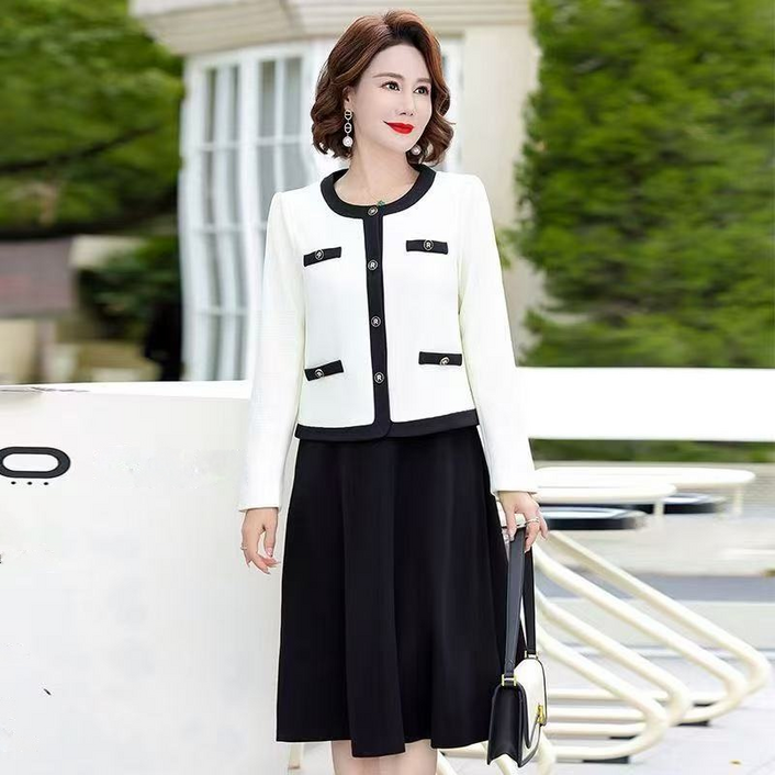 AURALA  중년 여성 원피스 가을 신상 빅사이즈 루즈핏 패션 라운드 민소매 원피스+코트 투피스