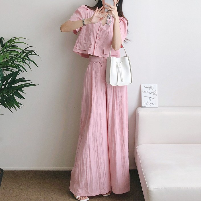 요시아나 [당일발송] 시크무드 페리얼 크롭 자켓 와이드 롱팬츠 세트 투피스 2컬러