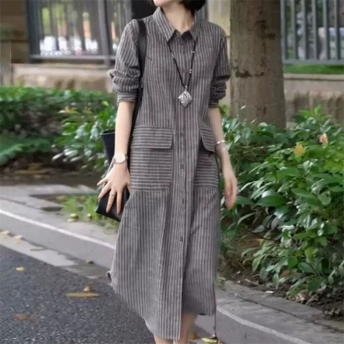 AOKADA 중년 여성 봄 가을 루즈핏 면마 스트라이프 긴팔 셔츠 원피스 데일리룩