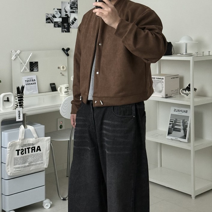 르위 스웨이드 크롭 가디건 스토퍼 오버핏 자켓