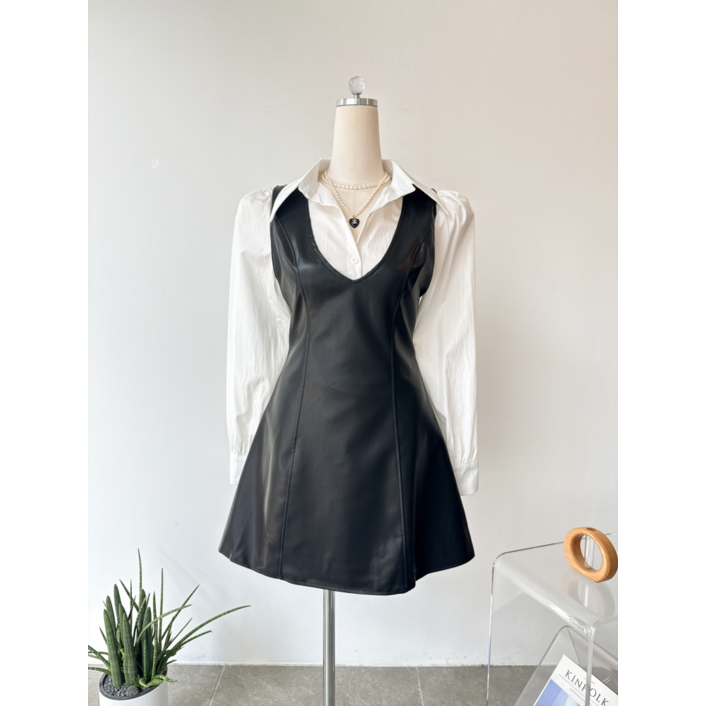 뾰족카라 퍼프소매 셔츠 뷔스티에 레더 원피스 세트