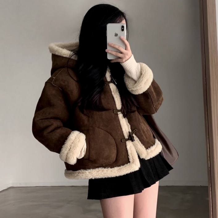 벨로아 여성 겨울 더플 후드 무스탕코트