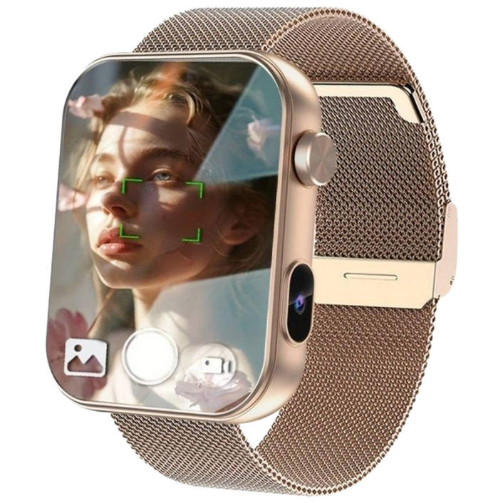 2025 스마트워치 카메라 녹음 기능, 골든 메쉬 시계 + 골든 실리콘 스트랩