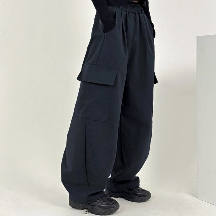 바이일이오 여성 벌룬핏 와이드 투웨이 원턱 포켓 코튼 카고 밴딩 팬츠