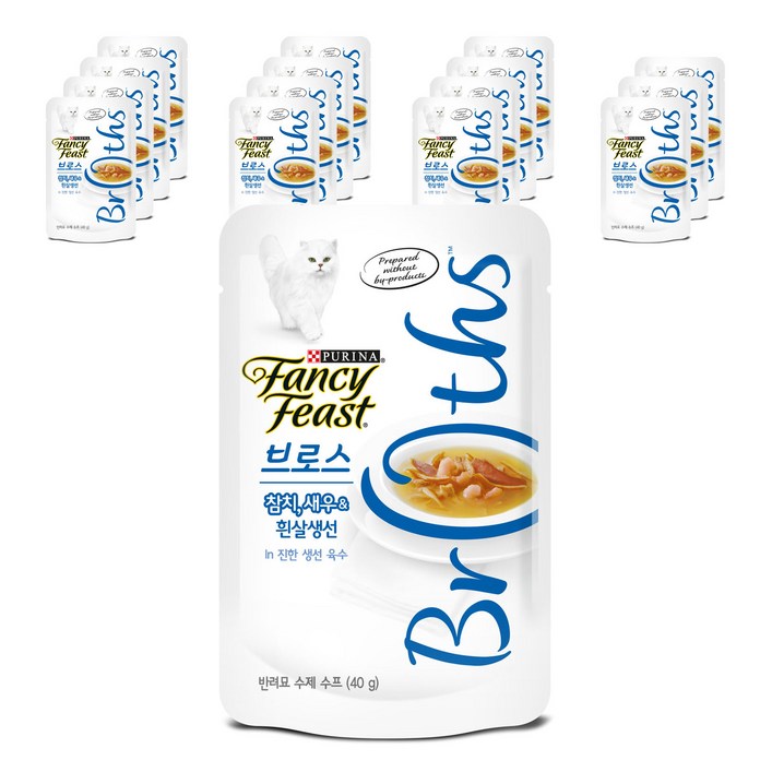 팬시피스트 브로스 고양이 간식 파우치 생선, 참치  새우  흰살생선  진한 생선 육수 혼합맛, 40g, 16개