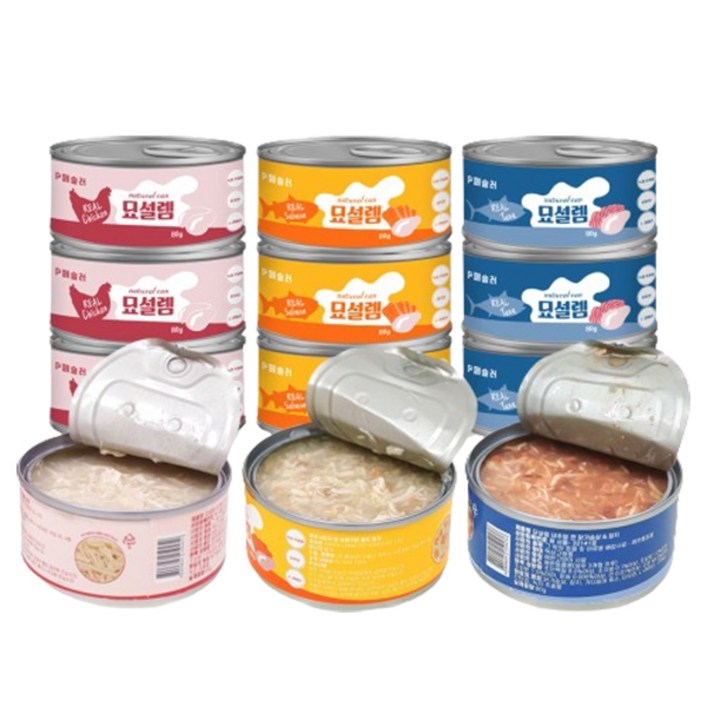 페슬러 고양이 묘설렘 간식 내추럴 캔 80g x 12종 세트, 혼합맛닭가슴살참치연어, 1세트