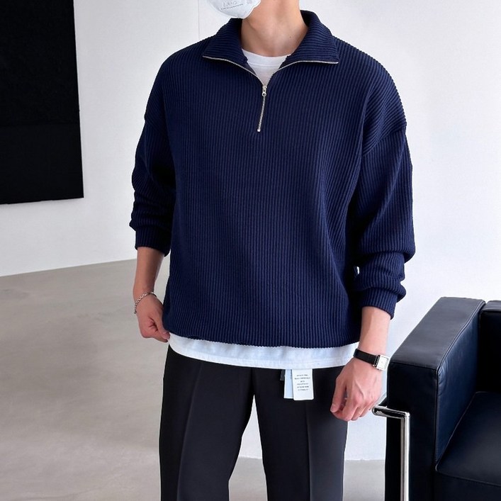 이브클로젯 남성용 골지 오버핏 반집업 긴팔 니트 맨투맨 63201