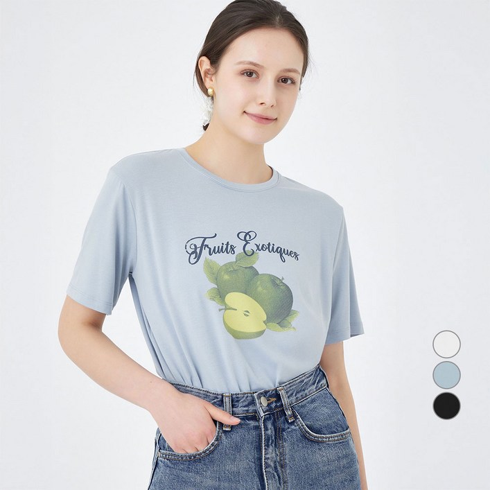 ELLE PARIS 여성용 레이온 찰랑 Fruits 라운드넥 반팔 티셔츠