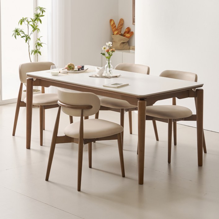 폴인퍼니 시에나 포세린 세라믹 세트 1400  의자 2p 세트 4인용 방문설치, 월넛프레임, 화이트상판, 베이지의자, 일반의자 4