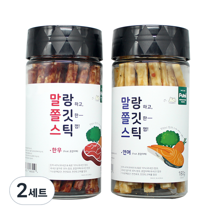 푸르미 강아지 말랑 쫄깃 스틱 180g, 한우+혼합야채 , 연어+혼합야채, 2세트