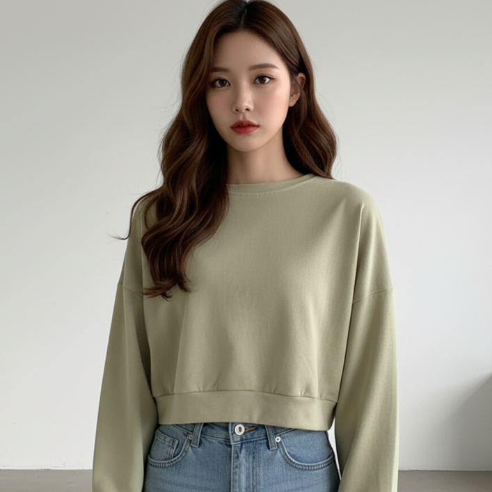 마켓피아 여성용 봄 캐주얼 루즈핏 숏 긴팔티