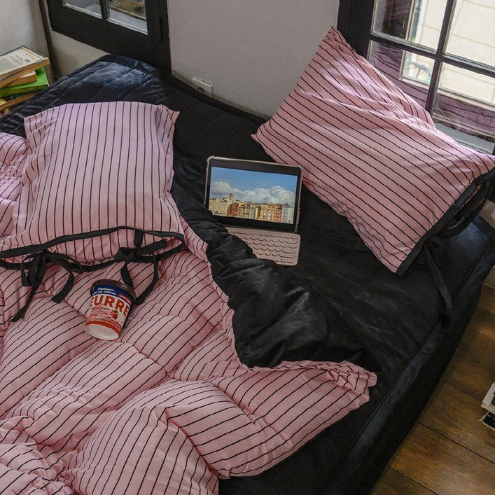 믹스앤매치 에센셜 스트라이프 극세사 차렵이불  리본 베개커버 세트