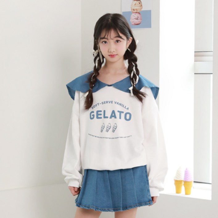 나나주니 여아용 젤라또 티셔츠  청 스커트 세트