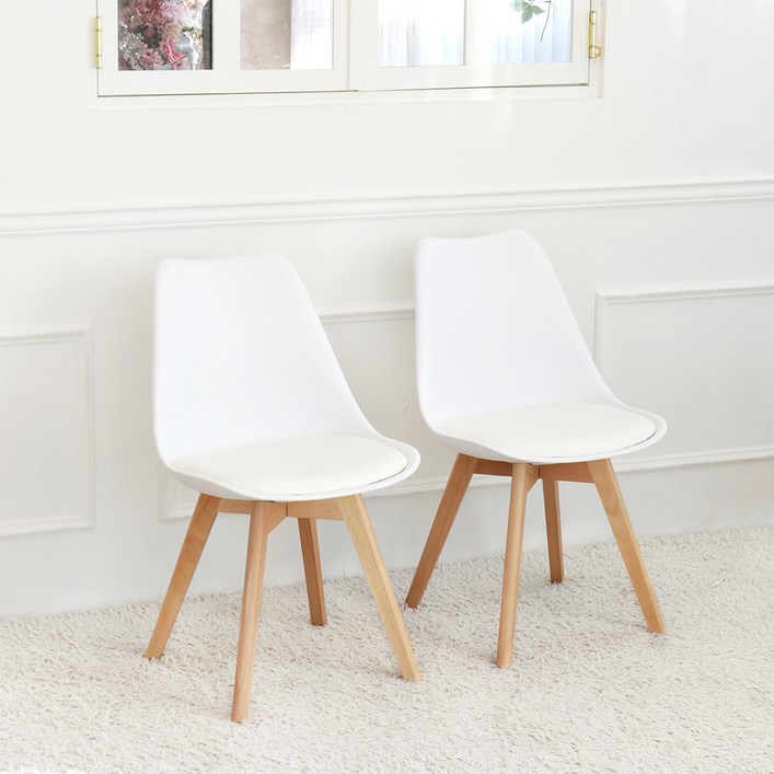 팬물산 이지라이프 인테리어 가죽 쿠션 원목 에펠체어, 화이트, 2개