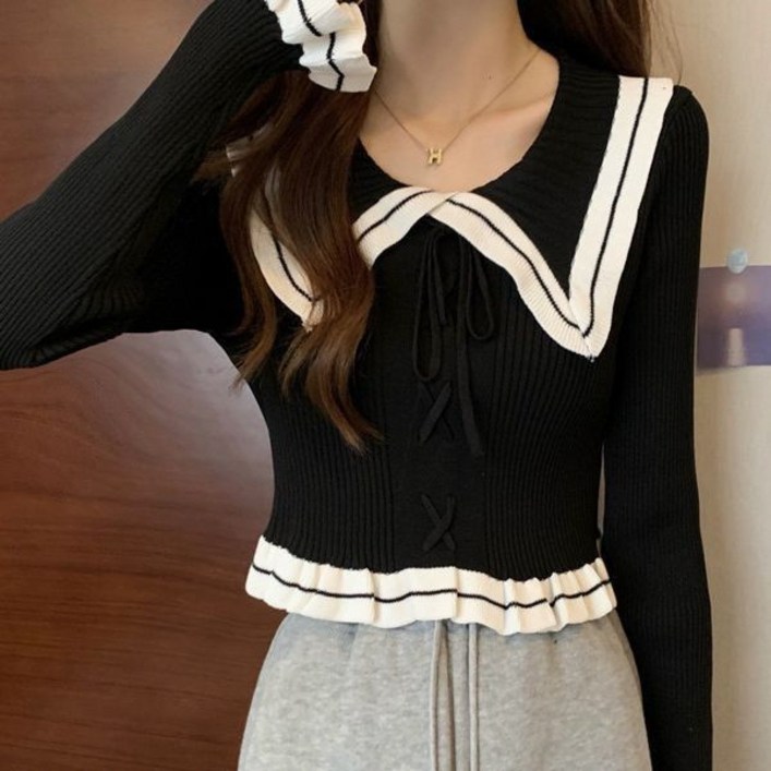 피어니스트 여성용 아일렛 러블리 빅카라 프릴 니트