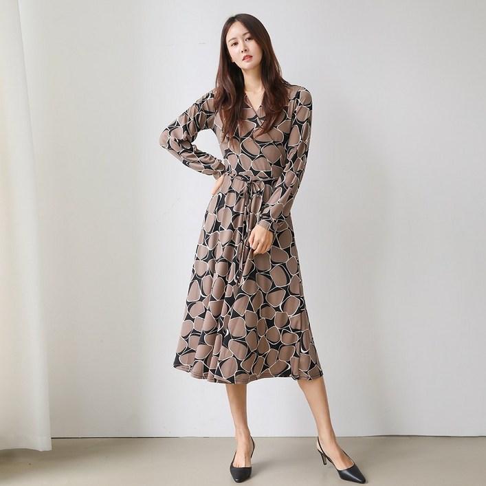 프롬코 여성용 지오메트릭 프린트 브이넥 랩 셔링 롱 원피스 FRC87