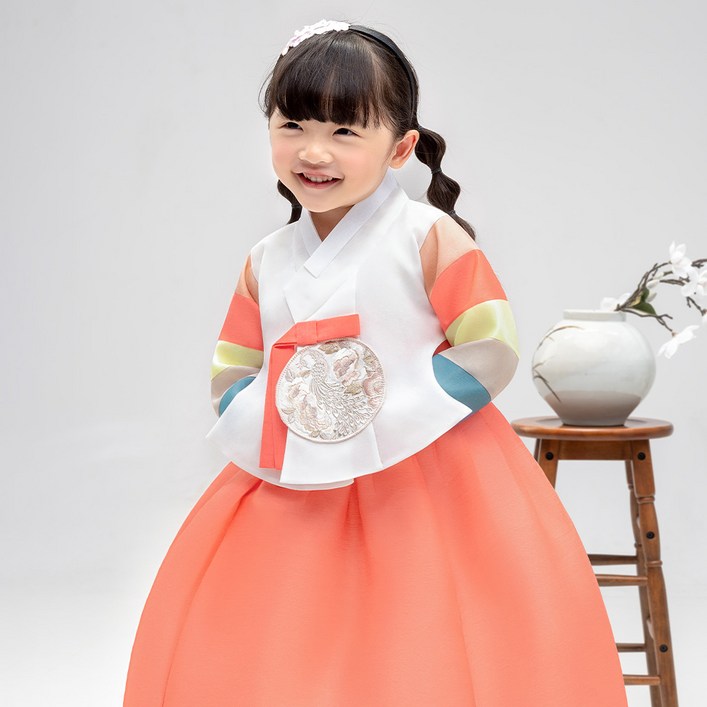 금동이 여아용 코랄완색동 한복 저고리 치마 세트 AW218