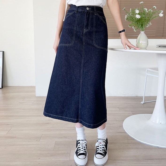 플랜데이 여성용 스티치 데님 A라인 미디 롱 스커트