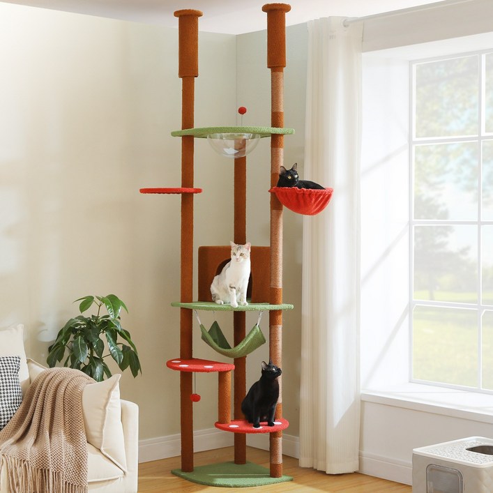 PAWZ Road 6단 대형 플러시 패브릭 캣폴,천장 고정형 트윈 기둥 높이 조절 캣타워 236CM258CM,스크래쳐 기둥숨숨집해먹 PAWZ Road 6단 대형 플러시 패브릭 캣폴,천장 고정형 트윈 기둥 높이 조절 캣타워 236CM258CM,스크래쳐 기둥숨숨집해먹