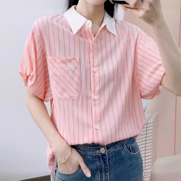 POMTOR 여름 여성셔츠 브이넥 줄무늬 일상 블라우스 셔츠 POMTOR 여름 여성셔츠 브이넥 줄무늬 일상 블라우스 셔츠
