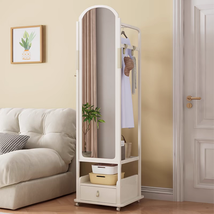 ZHHZ 행거 전신 거울 침실 거실 가정용 회전식 이동식 서랍장 행거 선반, 흰색
