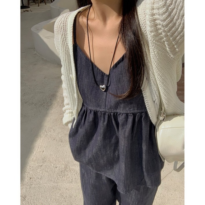 델리민 논페이드 생지 데님 나시 밴딩팬츠 세트