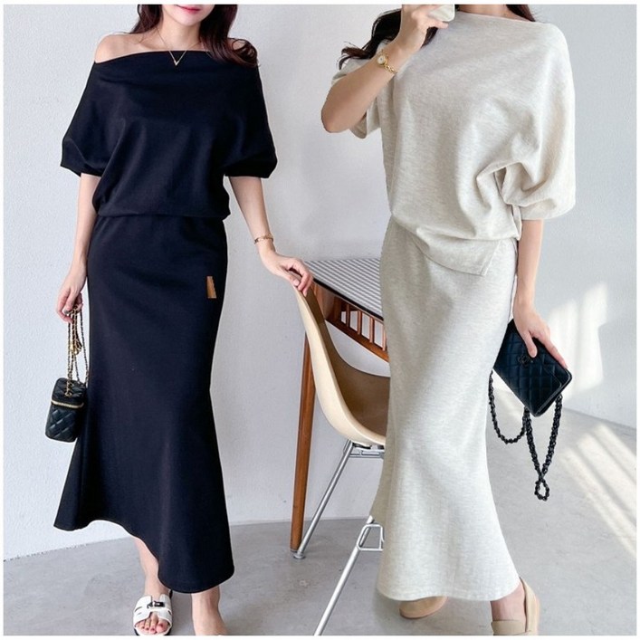 나인테일 여성 여름 캐주얼 무지 언발란스 입술넥 상의 머메이드 A라인 롱스커트 투피스 셋업