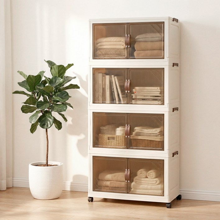 SHEU 대용량 수납장 수납 정리함 서랍장 다용도 접이식 가정용 이동식 플라스틱 리빙박스, 투명 브라운