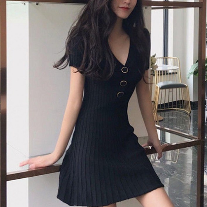 라이브몰 2컬러 여성 브이넥 슬림 버튼 숏 미니 니트 원피스