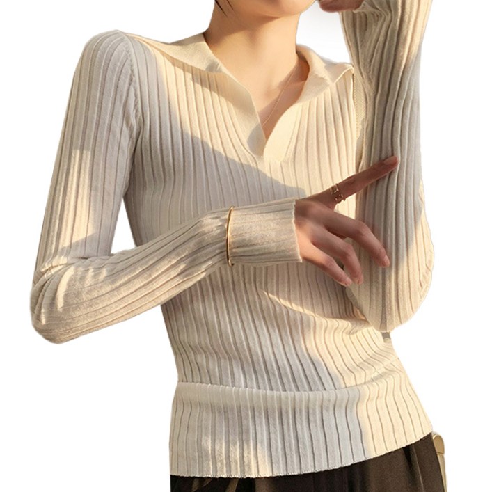 핑크셀럽 여성 골지 니트 카라 티셔츠