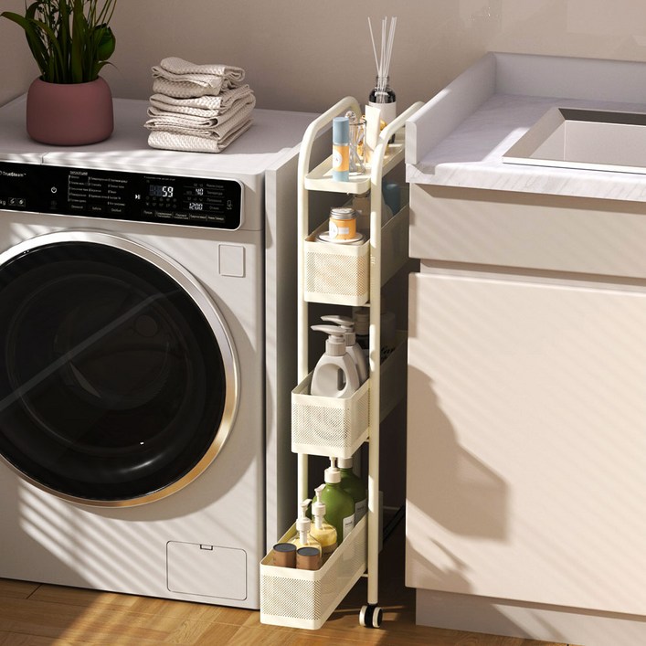 Fahomiss 틈새 선반 이동식 트롤리 슬라이딩 탄소강 수납장 다용도 수납함, 화이트, 5단